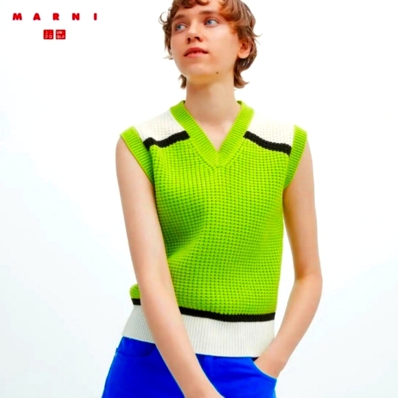 UNIQLO x MARNI Knitted V-Neck Vest - Green, Extra Small Pit2Pit 16" - Picture 1 of 5